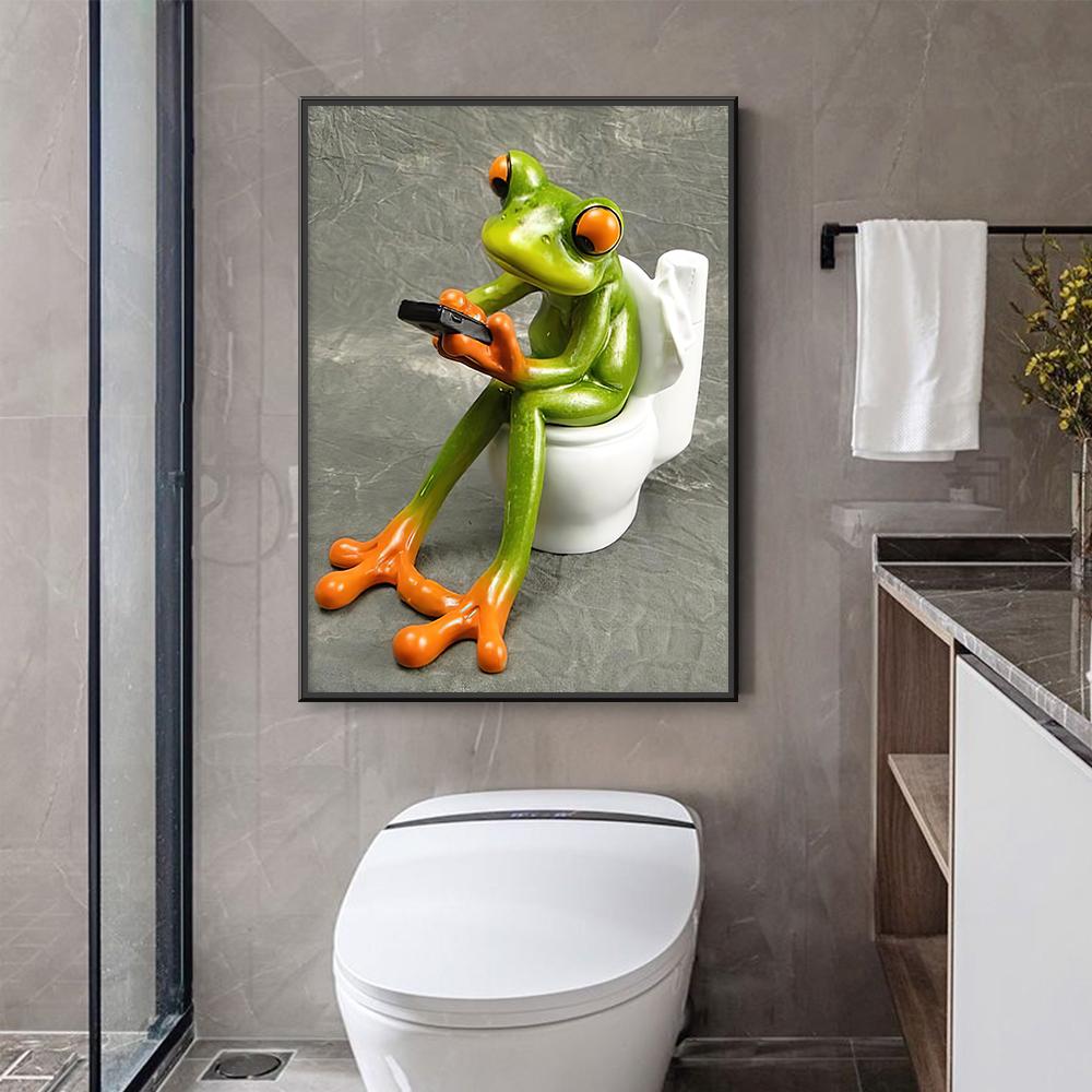 Peinture Sur Toile De Grenouille Verte Assise Sur Les Toilettes, Images D'art Animal Moderne, Pour Salle De Bain