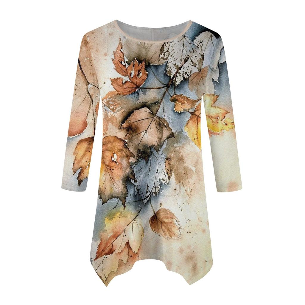 Женская модная повседневная рубашка с круглым вырезом и цветочным принтом, рукавами-семью, свободным удобным топом с поясом