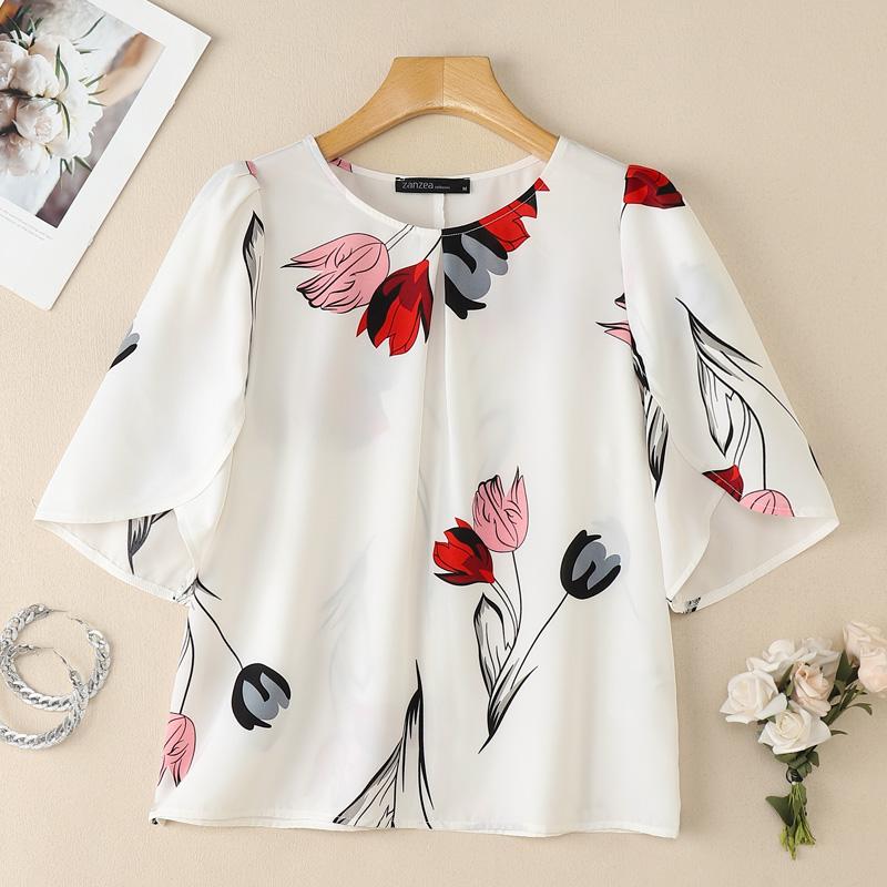 ZANZEA Женская повседневная блузка с круглым вырезом, свободного кроя, с принтом и рукавами до локтя