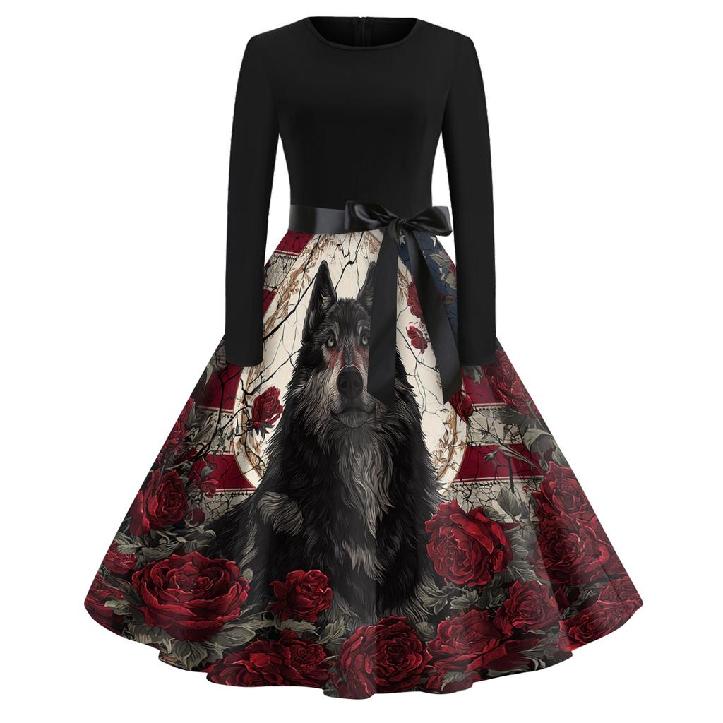 Women's Casual Vintage Halloween Dress Long Sleeve Round Neck A-Line Retro Print Midi Dress with Waist Tie for Autumn and Winter