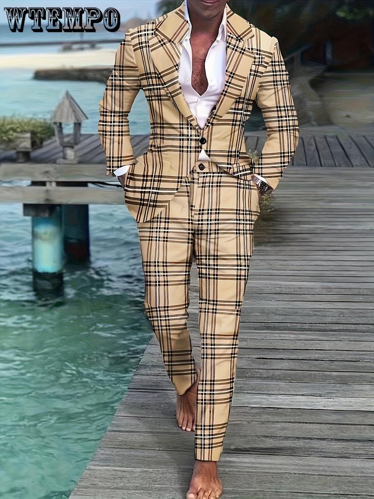 Комплект из 2 предметов: мужской клетчатый костюм больших размеров, пиджак на одной пуговице с лацканами и брюки для делового и повседневного ношения, подходящий для официальных мероприятий