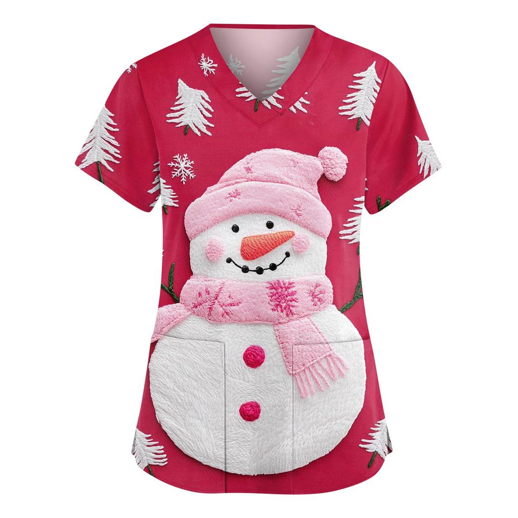 Женский модный рабочий топ с V-образным вырезом, рождественским принтом, короткими рукавами, карманом, боковым разрезом, базовый пуловер