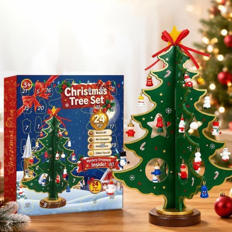 28cm Wooden Christmas Tree Advent Calendar LED Light Countdown DIY Blind Box Ornament Xmas Tabletop Home Decoration Gift