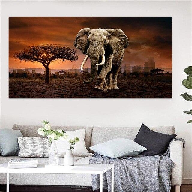 1 шт., прогулочный слон, закат, африканские луга, пейзаж, холст, живопись, постеры и принты, настенная художественная картина, домашний декор, без рамки