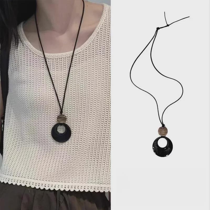 Длинное ожерелье из черной веревки в стиле ретро — элегантный китайский дизайн для женщин, идеально подходит для свитеров осень/зима