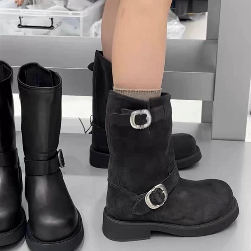 Зимние Горячие Продажи Женские Сапоги 2024 Высокое Качество Однотонные Круглый Носок Замшевые Пряжка Толстый Каблук Женские Короткие Модные Сапоги