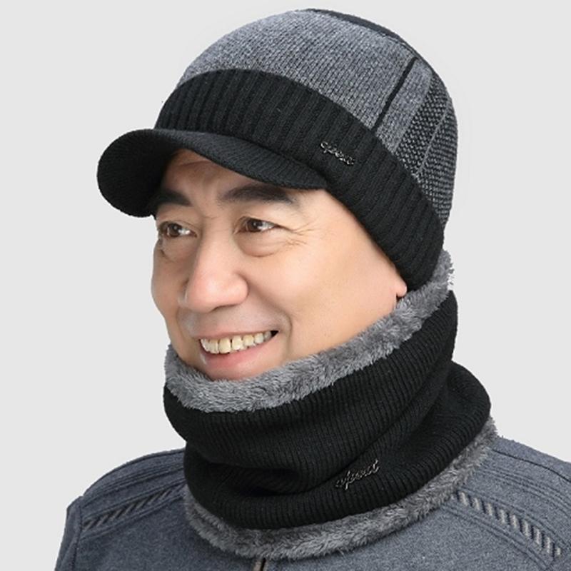 Мужская шерстяная шапка и нагрудник, зимняя защита ушей, утолщенная, плюс флисовая вязаная шапка с карнизом, теплая шапка для мужчин среднего и пожилого возраста