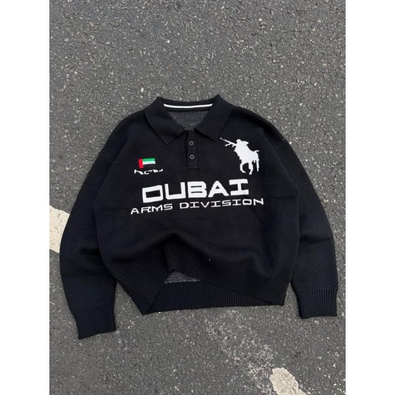 Unisex Polo Collar Knit Sweater With Letter Jacquard Streetwear Loose Fit Pullover Men Women