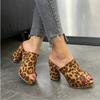 Fashion Summer Leopard Women Slippers Square High Heels Black Pink Concise Top Quality Casual Women Mules Shoes Women Party Slides 2024