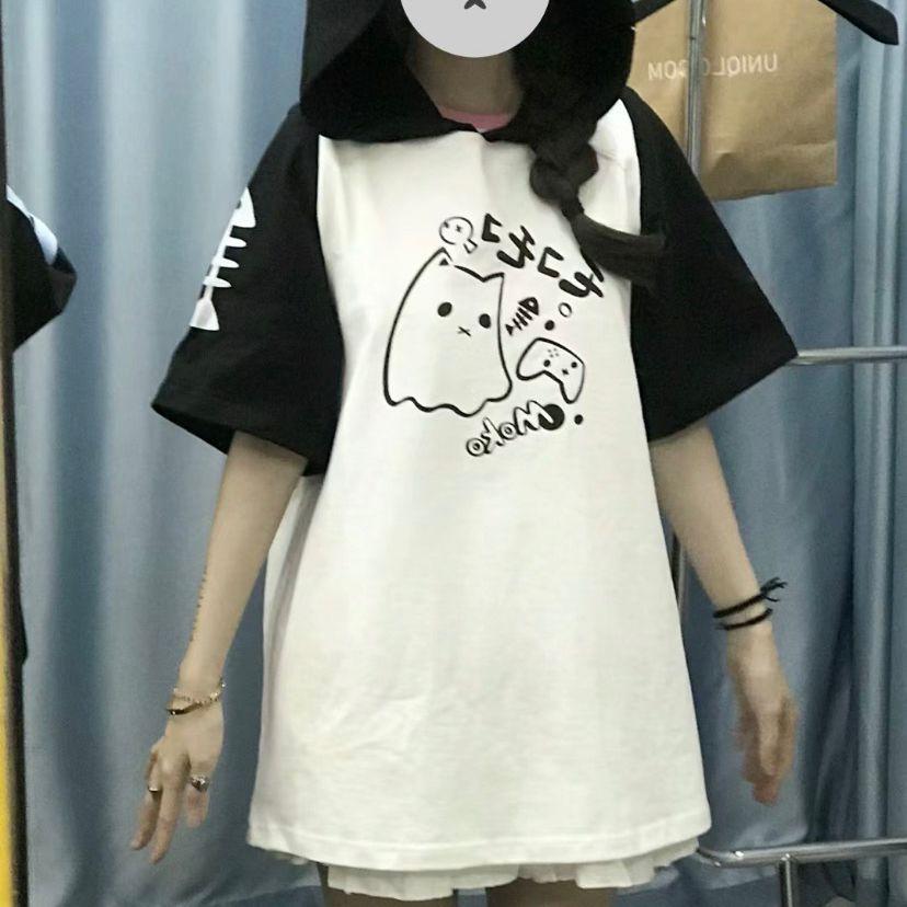 Kawaii T-Shirts Y2K Cute Cat Ear Cartoon Print Hooded Tees Women's Short Sleeve Shirt Summer Tops Women Girl Clothing
