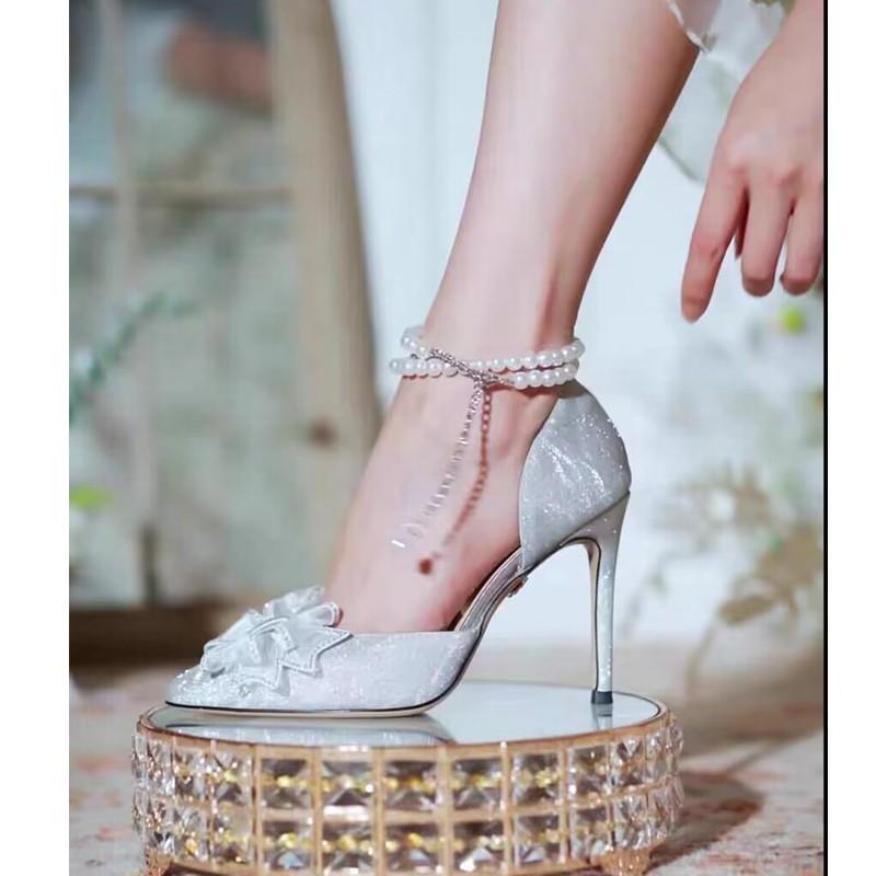 Туфли на высоком каблуке женские летние 2025 новые красивые свадебные туфли со стразами и бантом, заостренный тонкий каблук, легкие универсальные босоножки