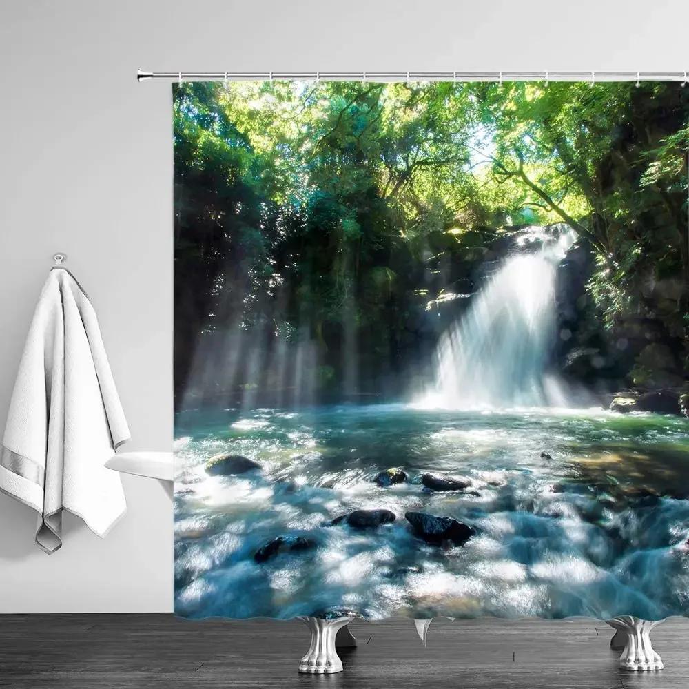 Nature Landscape Shower Curtains Ocean Dolphin Palm Tree Forest Waterfall Scenery Farm Horse Cloth Bathroom Decor Set With Hooks