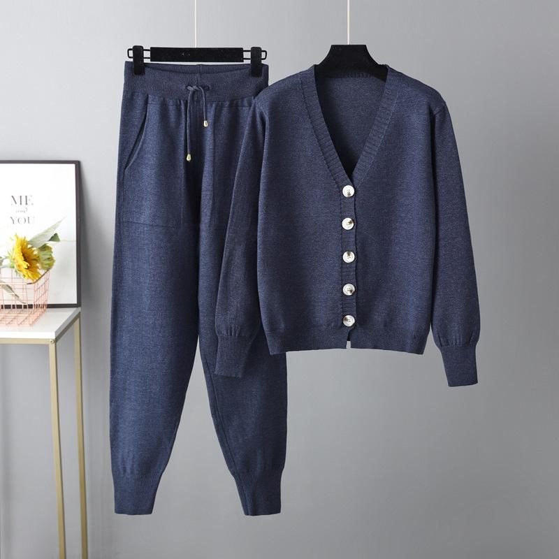 Autumn and Winter New Collar Cardigan Sweater Harlan Pants Set Solid Color Cardigan Sweater Two-piece Set