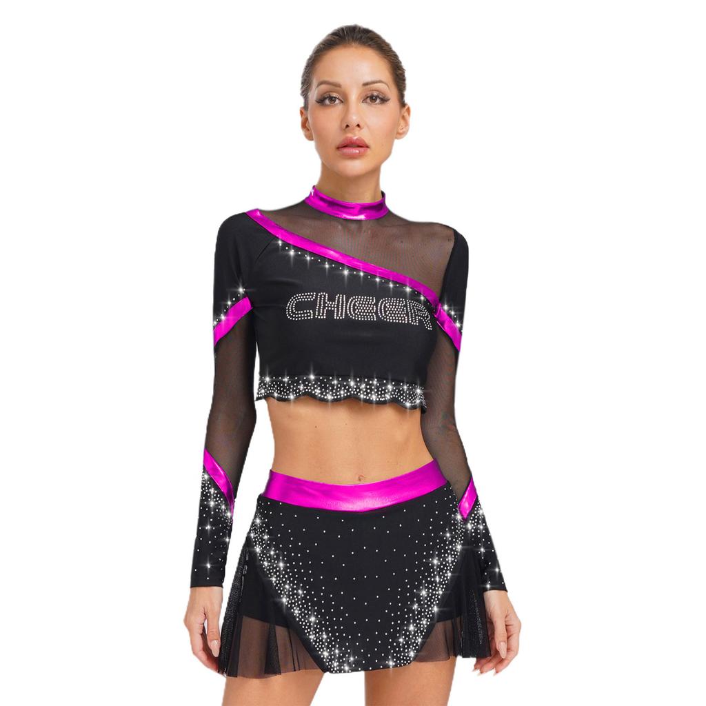 Womens Cheerleading Costume Set Long Sleeve Rhinestone Crop Top Matching Dance Skirt Performance Outfit