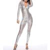 Women Mesh Hole Zipper Faux Patent Leather Tight Jumpsuit Nightclub Bodysuit