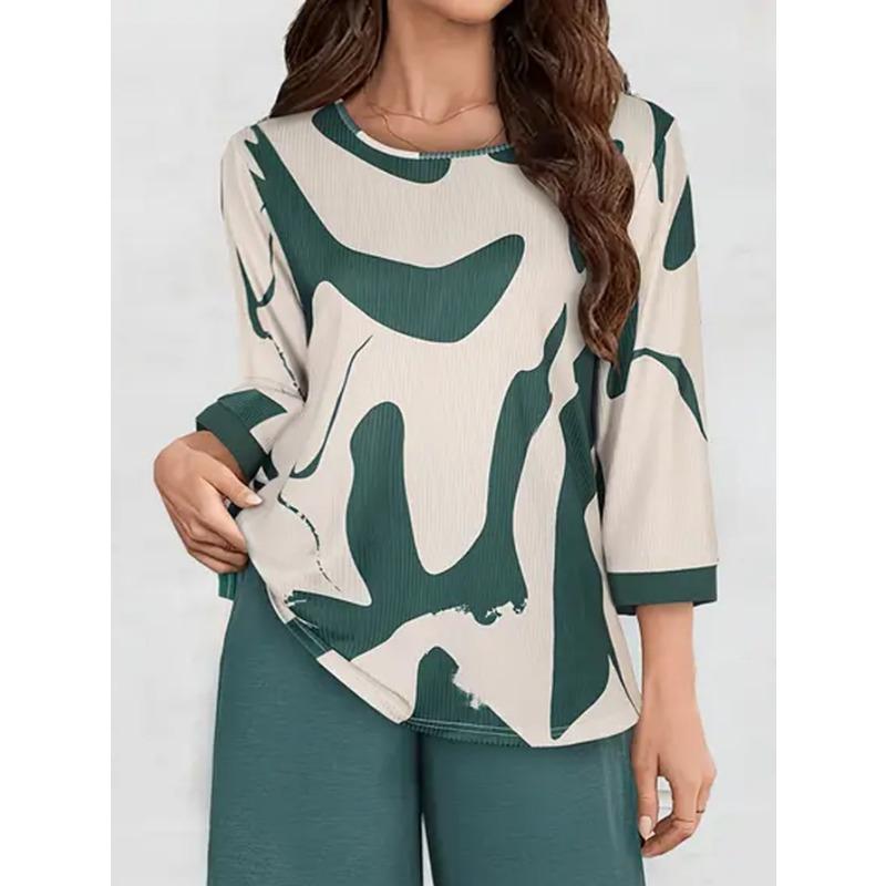 Women S Casual Abstract Print U Neck 3 4 Sleeve Loose Fit Top
