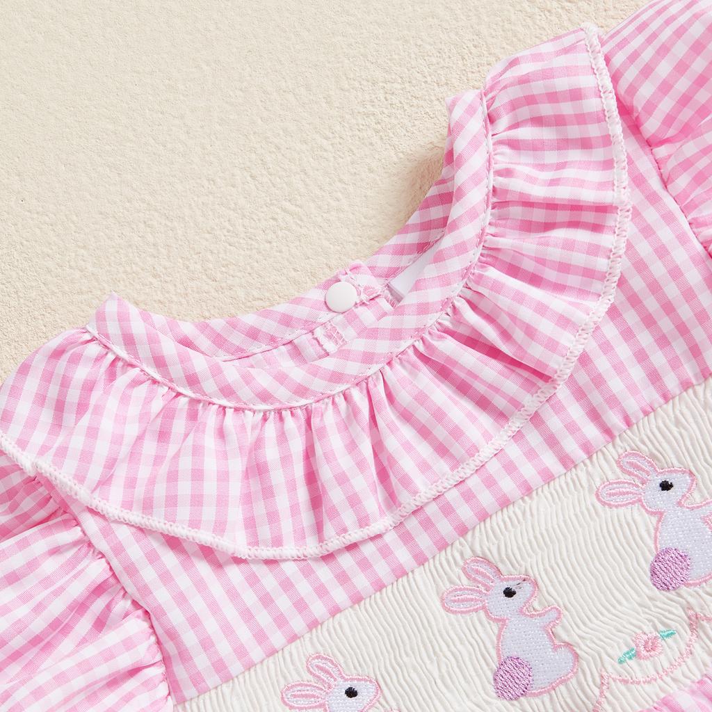 Baby Girl Easter Romper Short Sleeve Ruffle Collar Bunny Embroidery Smocked Bodysuit Newborn Outfit