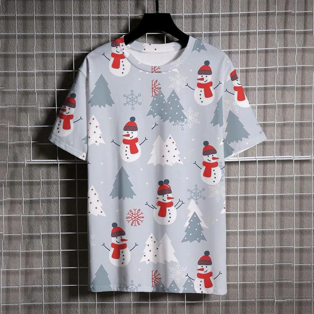 Santa Claus Print T Shirt For Men Cartoon Snowman Pattern Short Sleeve Loose Top Casual O-neck Boys and Girls Tee X'mas Clothing