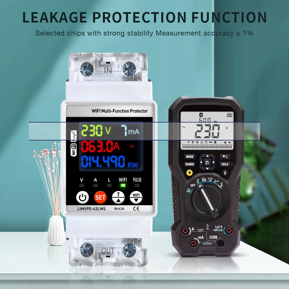 Tuya WiFi Energy Meter, 63A Multifunction Smart Energy Meter Circuit Breaker Overcurrent Protection