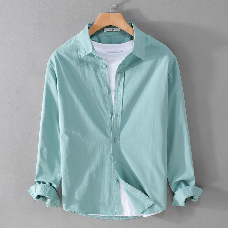 100% чистый хлопок мужская рубашка с длинным рукавом повседневная простая стильная универсальная однотонная рубашка с воротником-лацкан повседневная рубашка базовые мужские топы