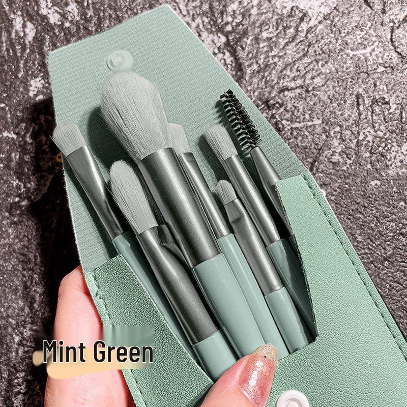 8-Piece Morandi Makeup Brush Set with Leather Case – Soft, Portable Beauty Tools