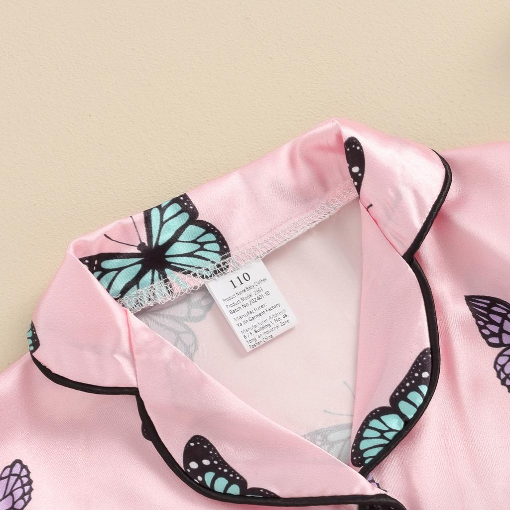 Girls Summer 2PCS Pajama Sets Short Sleeve Lapel Shirt Butterfly Print Pants Sleepwear