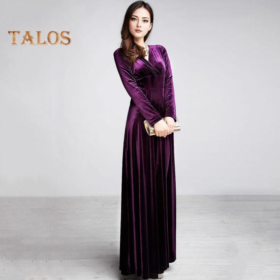 Женское вечернее платье из золотистого бархата с V-образным вырезом, плиссированное А-силуэта, однотонное, с длинными рукавами, длинное платье с высокой талией, вечернее платье макси