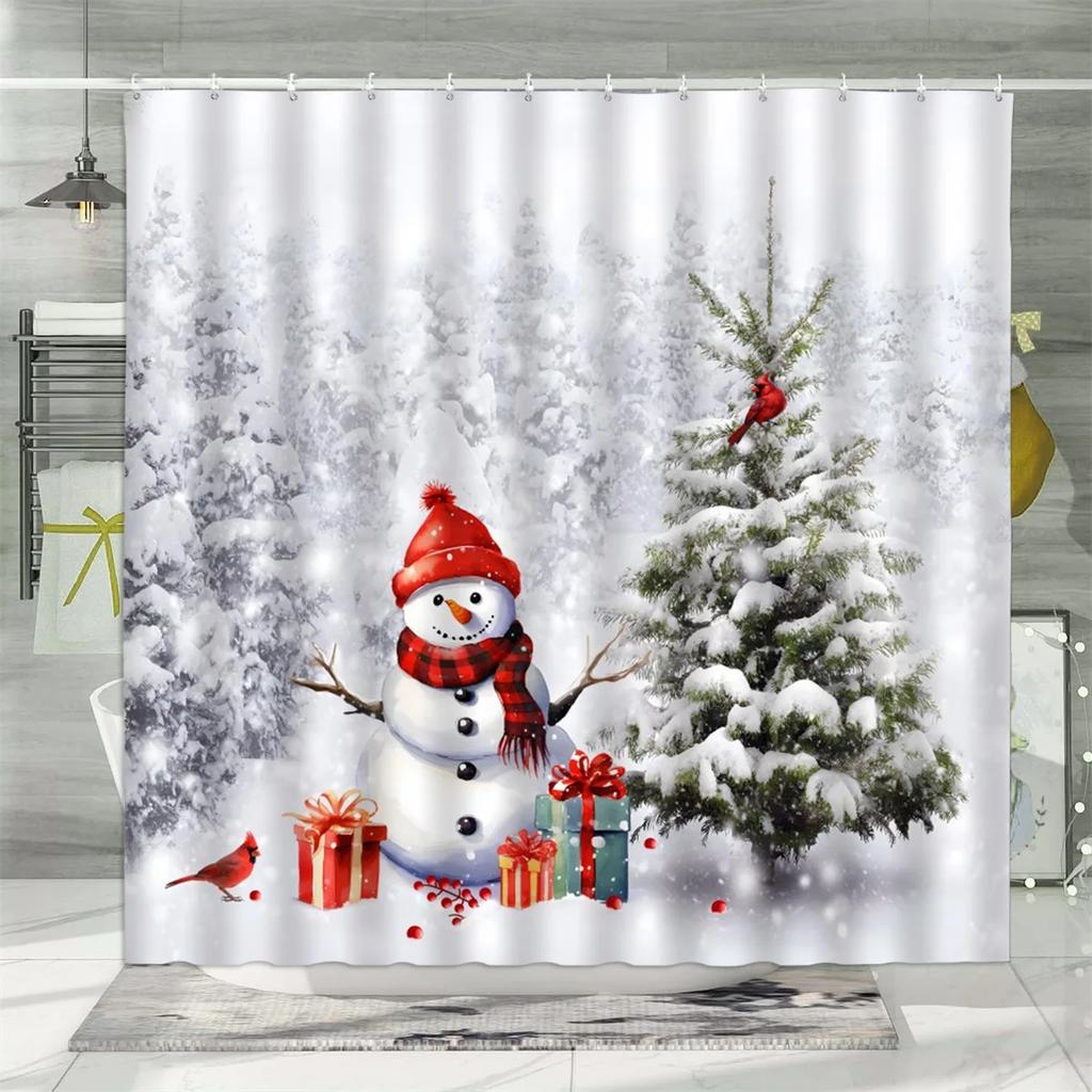 Christmas Shower Curtain, Winter Snowman Santa Claus Gnome Farm Farmhouse Cartoon Truck Christmas Tree Snowflake Bathroom Decor