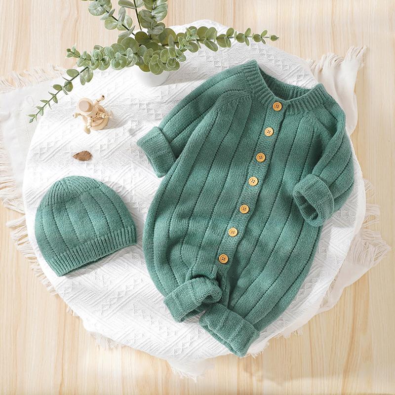 Infant Winter Jumpsuit and Cap, Solid Color Long Sleeve Single-breasted Knitted Romper, 0-18 Months