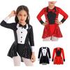 Kids Girls Long Sleeve Ballroom Latin Jazz Ballet Dance Dress Bow Tie Sequins Decor Leotard Dancewear Cosplay Costume