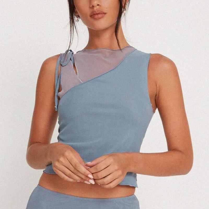 Женский летний новый модный тонкий сексуальный короткий топ без рукавов с двумя веревками из сетки