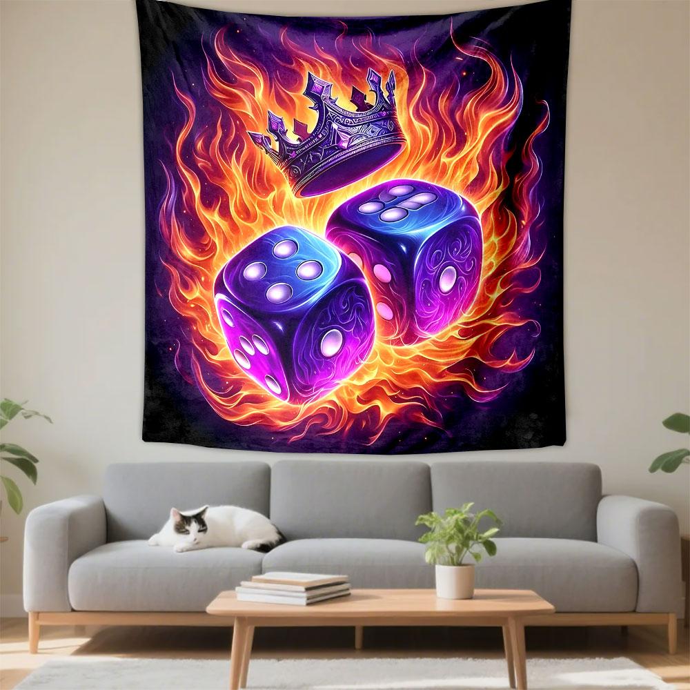 "Flaming Dice with Royal Crown Art" Patterned Tapestry Decorative Wall Hanging, Home Bedroom Living Room Decor