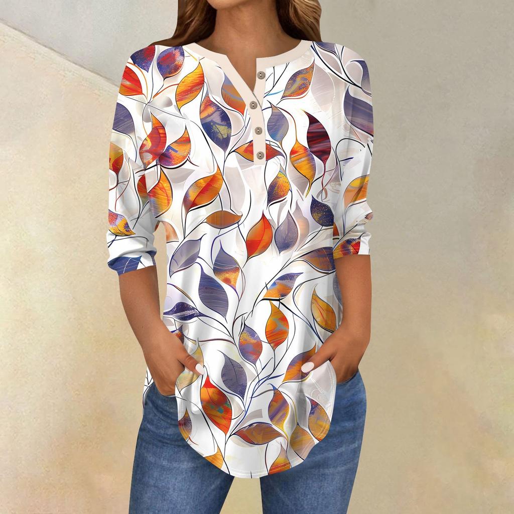 Рубашки с рукавом 3/4 для женщин, модные, повседневные, с круглым вырезом, с принтом, футболка, топ