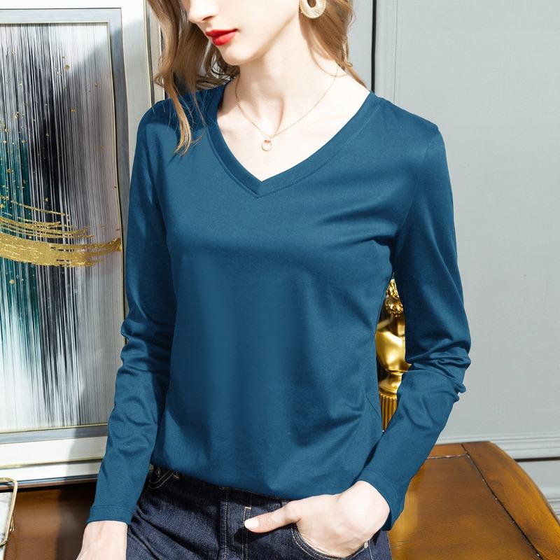 Женская базовая футболка на весну и лето, женская футболка с воротником, свободного кроя, из мерсеризованного хлопка двойной вязки, с длинным рукавом, женский топ