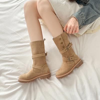 Модные новые однотонные женские сапоги до середины икры с двойной пряжкой, зима 2024 года, горячая распродажа, модная износостойкая обувь для женщин