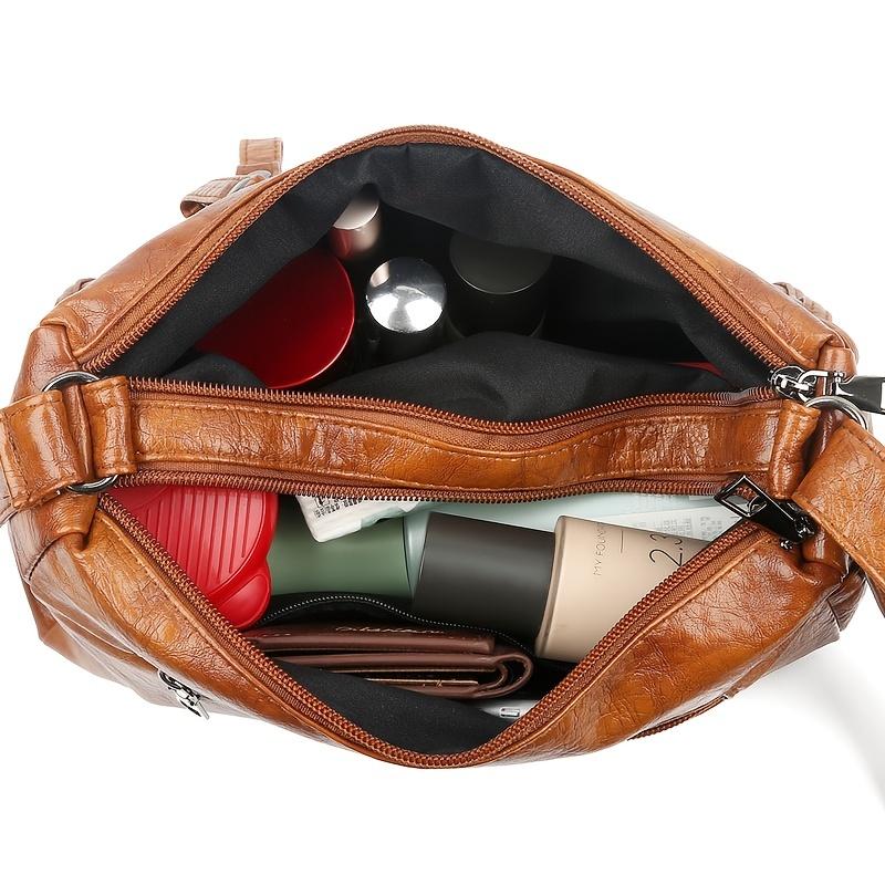 Solid Color Multi Zipper Bag Vintage Soft Leather Shoulder Bag Casual Crossbody Purse For Work