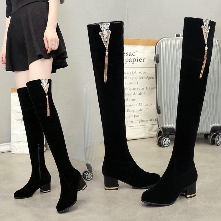 Spring, Autumn And Winter Boots Over The Knee, Thin High-Heeled Thick-Heeled Boots, Women'S V-Buckle Metal Chain