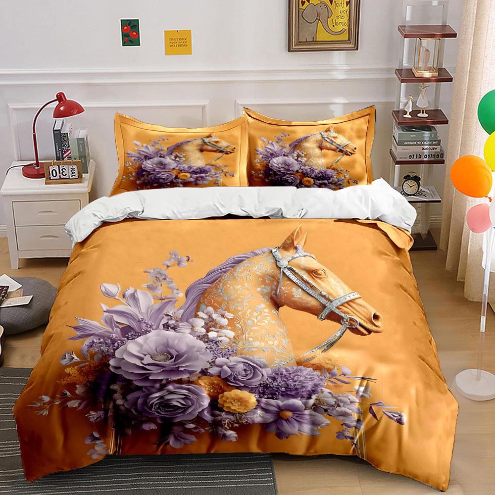 Elegant Horse with Floral Design Bedding Duvet Cover Set (1*Duvet Cover 2*Pillowcases, without duvet insert)