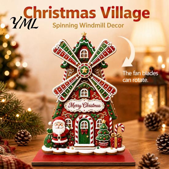 Wooden Holiday Tabletop Ornaments Christmas Windmill Ornament, 2D Rotating Decoration, Santa Gift for Family Centerpiece Table Mantel Shelf