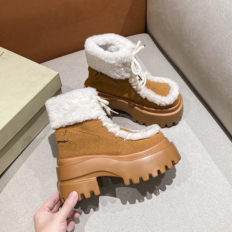 Women's Soft Lace-up Elastic Winter Warm Cold Padded Snow Boots Thick Bottom Non-slip Wear-resistant Outdoor Leisure Sports Fur Cotton Boots