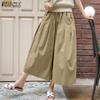 Women Summer Elastic Waist Pocket Pleated Wide Leg Pants
