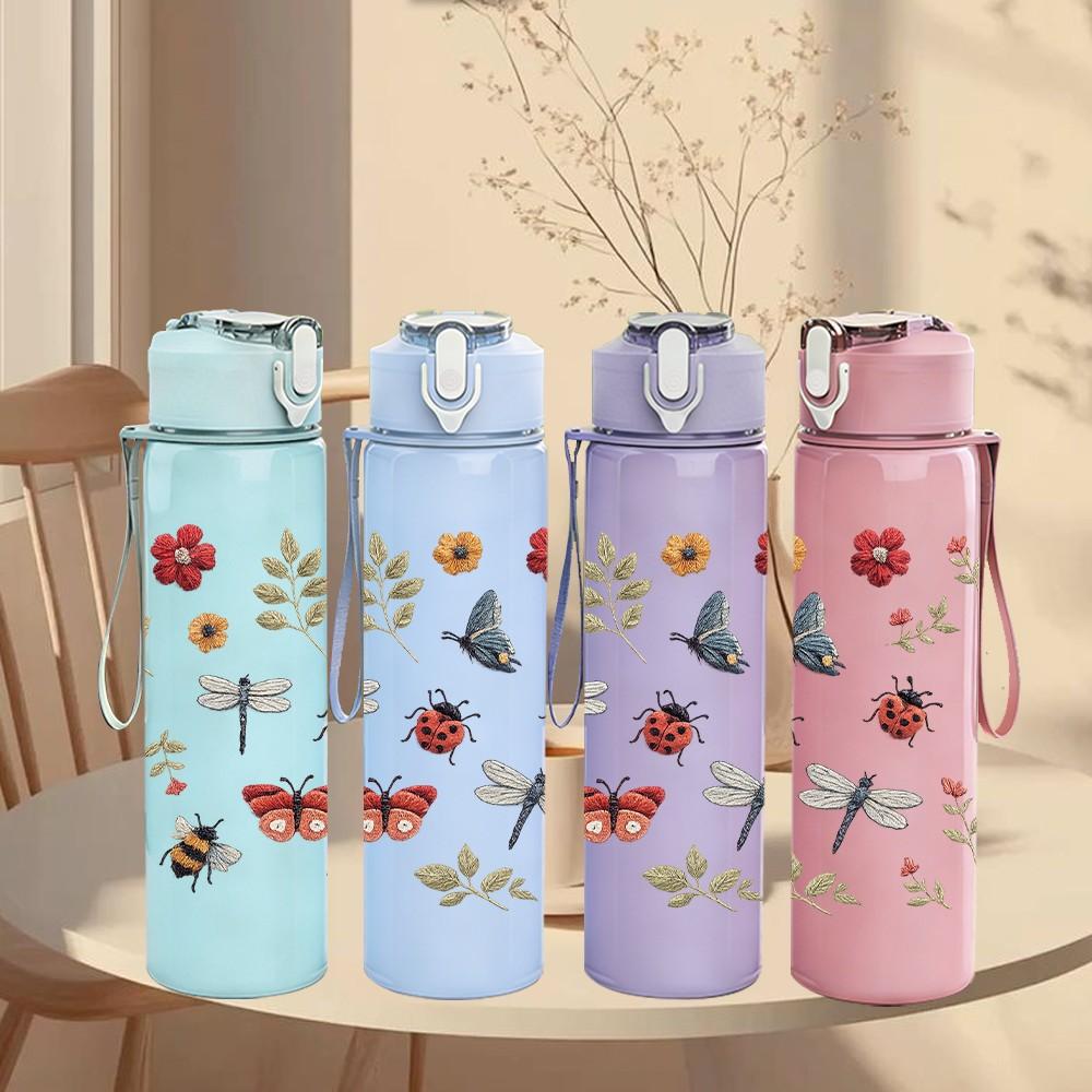 1PC Dragonfly Floral Botanical Sketch Print 750ml Color Plastic Sports Water Bottle Leakproof Flip Straw Lid Suitable for Sports Office Home Use