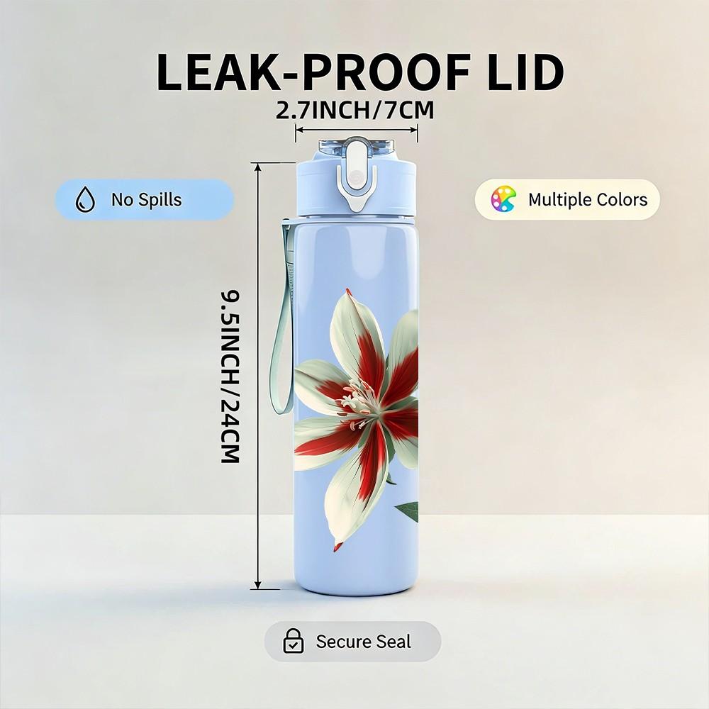1PC Red White Lily Single Flower Print 750ml Color Plastic Sports Water Bottle Leakproof Flip Straw Lid Suitable for Sports Office Home Use