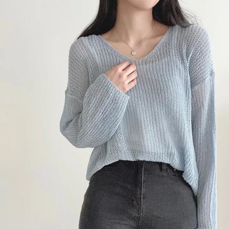 V-neck Fashion Loose Pullover Knitted Sweater Thin Sunscreen Blouse Women Long Sleeve Cover Up 2025 New Elegant Solid Knitwear Korean Solid Color Top