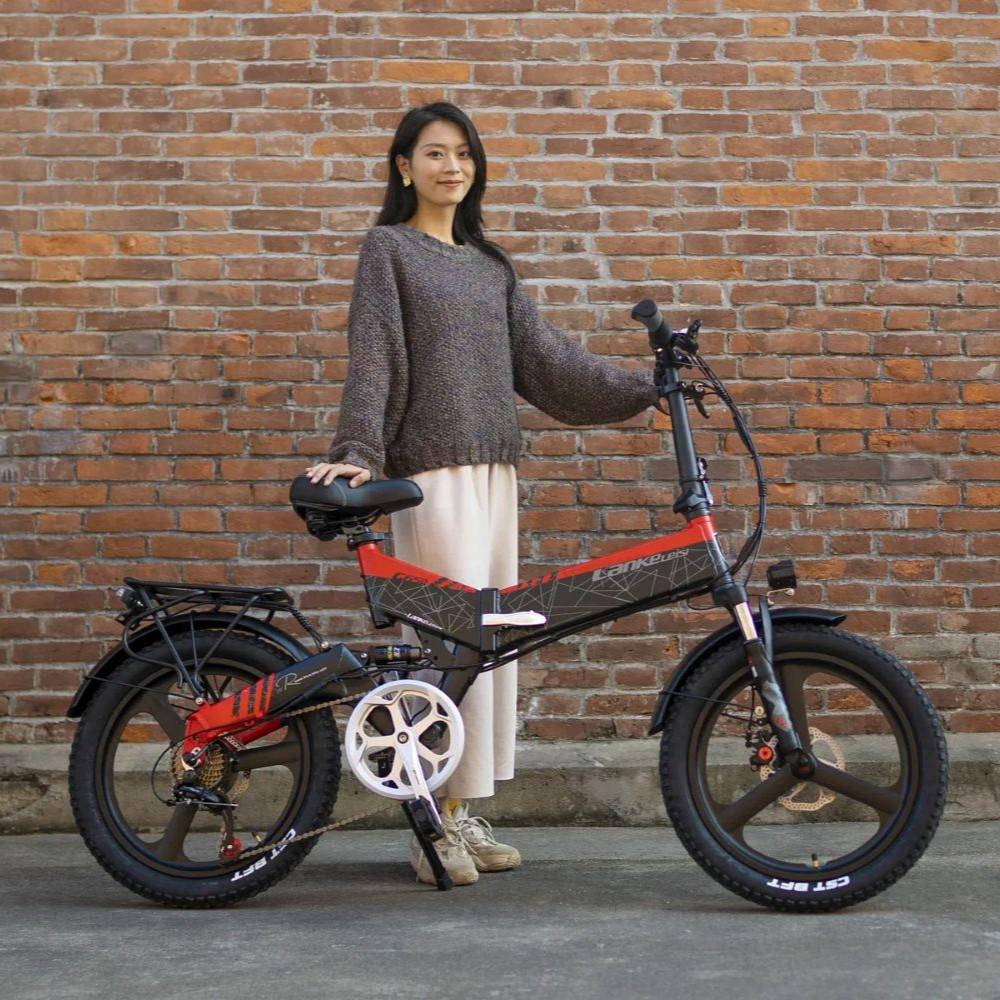 LANKELEISI G650 foldable electric bicycle features a 500W motor, 48V 12.8Ah battery, a top speed of 35km/h, a range of 110km, 20*2.4 inch tires.