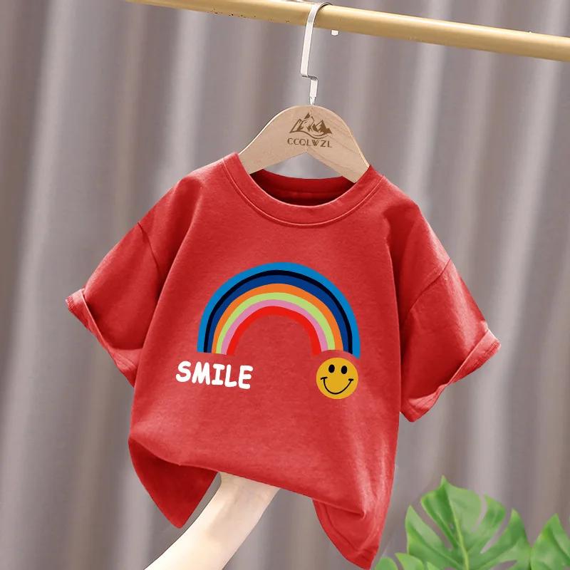 Summer Cotton Children Tshirt Cartoon Rainbow Smile Face Printed Korean Kids Tshirt Boys Girls Comfortable Short Sleeve Tee Top