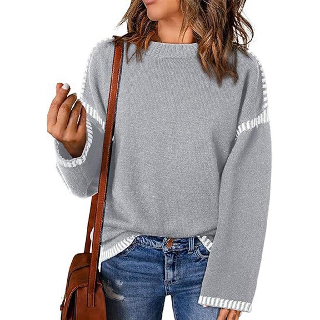Women's Solid Color Loose Casual Patchwork Knitted Pullover Sweater Round Neck Long Sleeved Sweater Top