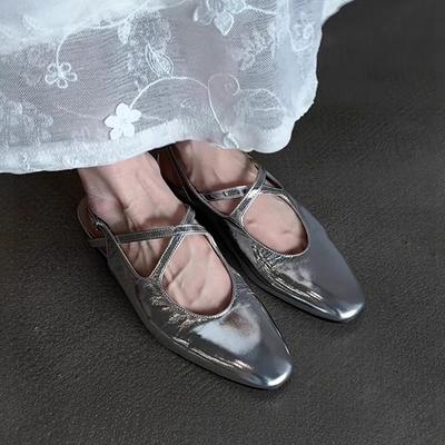 Овчина серебристый универсальный крест с плоским дном голова сумки сандалии женские летние верхняя одежда круглая голова легкий рот пустые одинарные туфли