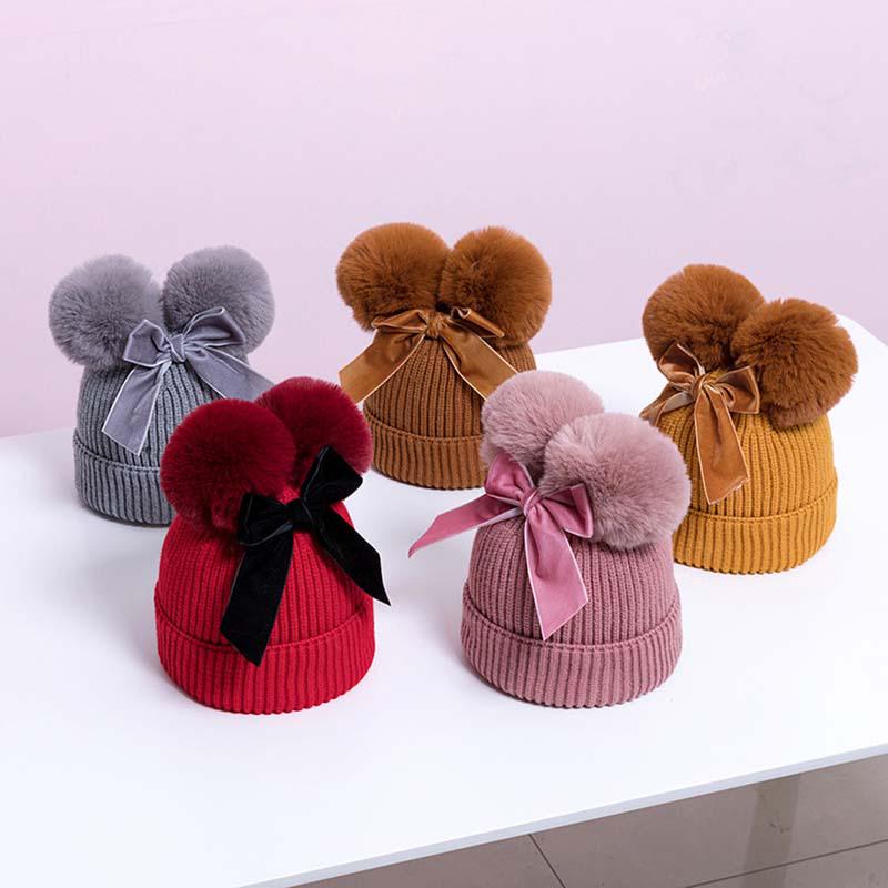 Double Pompom Baby Girl Bonnet Hat Winter Knitted Warm Thicker Children Beanie Cap