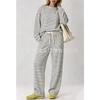 Women Striped 2 Piece Outfit Long Sleeve Crew Neck Top And Drawstring Wide Leg Pants Set Casual Loungewear Pajama Suit